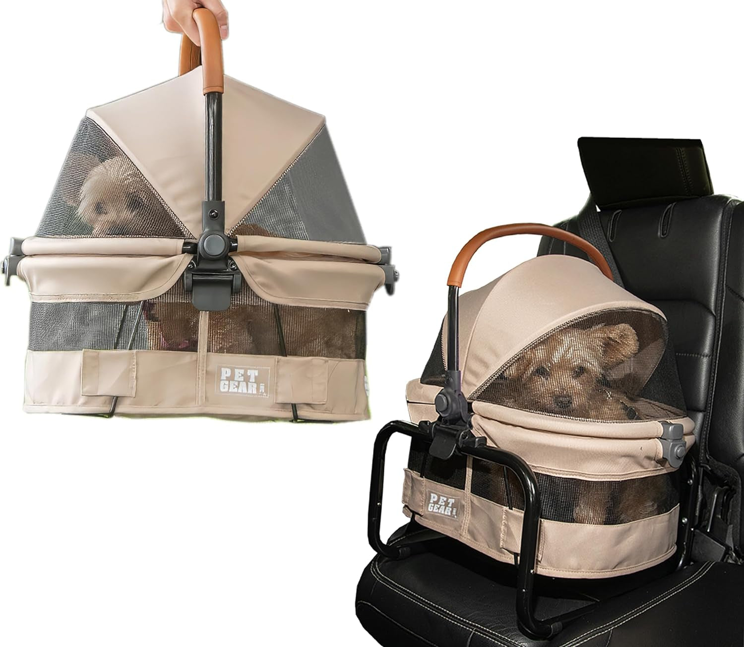 No-Zip View 360 Ultra Lite Pet Safety Carrier & Car Seat for Small Dogs & Cats Push Button Entry, 15", Sand