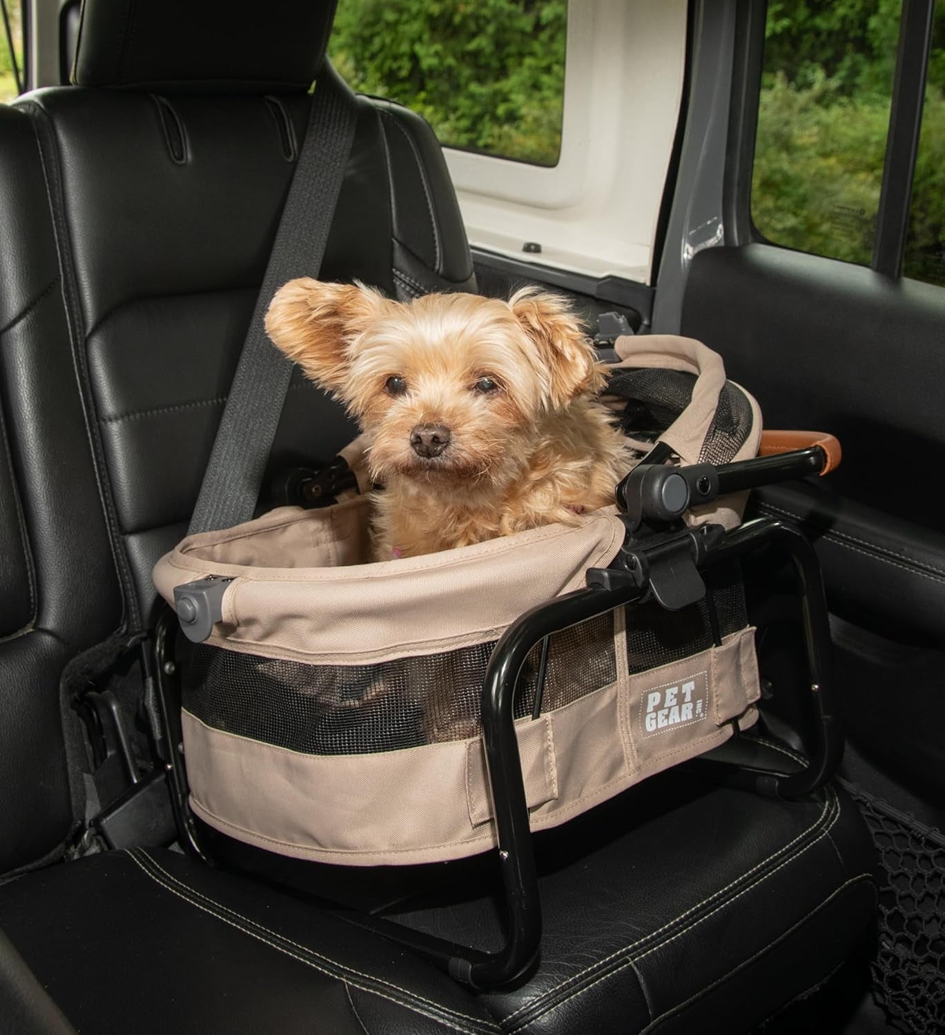 No-Zip View 360 Ultra Lite Pet Safety Carrier & Car Seat for Small Dogs & Cats Push Button Entry, 15", Sand